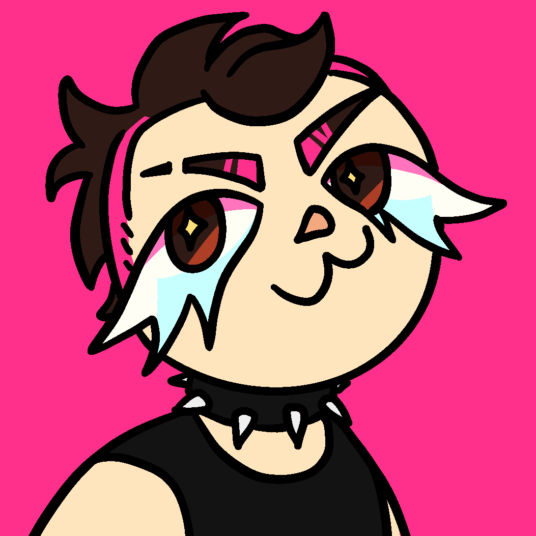 a cartoony drawing of crow with very exagerrated round shapes, a triangle nose, and large, downturned eyes. fey is pale with fluffy brown hair and pink sides, wearing a spiked collar, and smiling mischieviously.